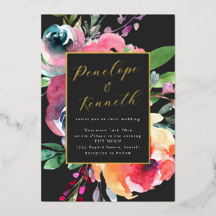 Invitación Con Relieve Metalizado Elegante guión floral acuarela oscuro boda dorado