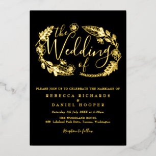 Invitación Con Relieve Metalizado Elegante guion Foliage Boda negro y oro Hoja