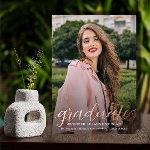 Invitación Con Relieve Metalizado Elegante guión foto graduación rosa oro