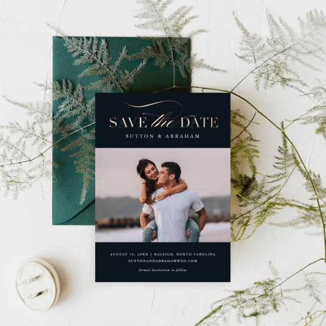 Invitación Con Relieve Metalizado Elegante guión foto guardar fecha rosa oro (Subido por el creador)