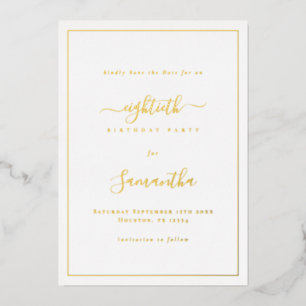 Invitación Con Relieve Metalizado Elegante guión Frontera Cumpleaños 80 Save the Dat