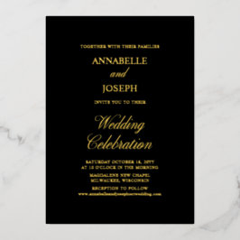 Invitación Con Relieve Metalizado Elegante guión Minimalista Boda negro formal