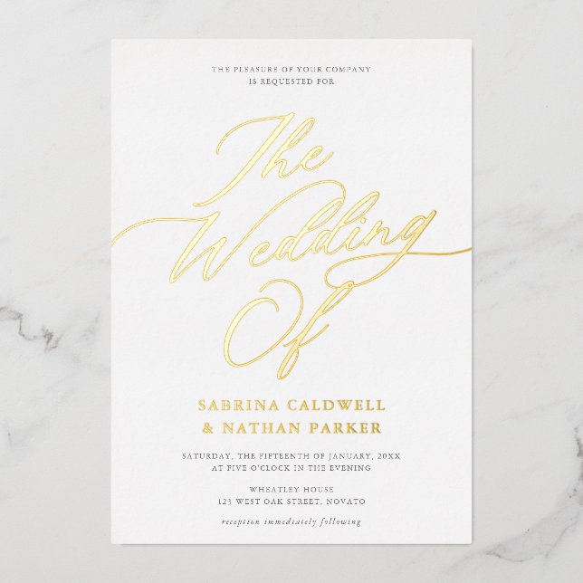 Invitación Con Relieve Metalizado Elegante guión moderno boda oro blanco (Anverso)