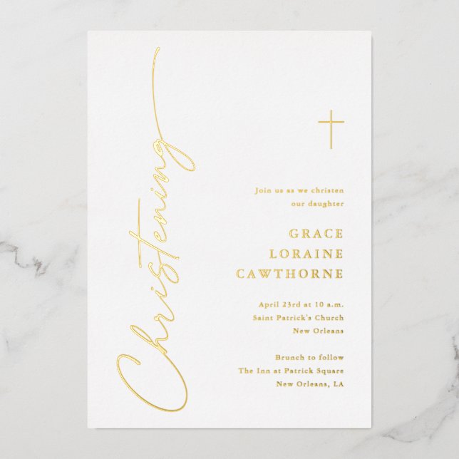Invitación Con Relieve Metalizado Elegante guión moderno Christening Gold (Anverso)