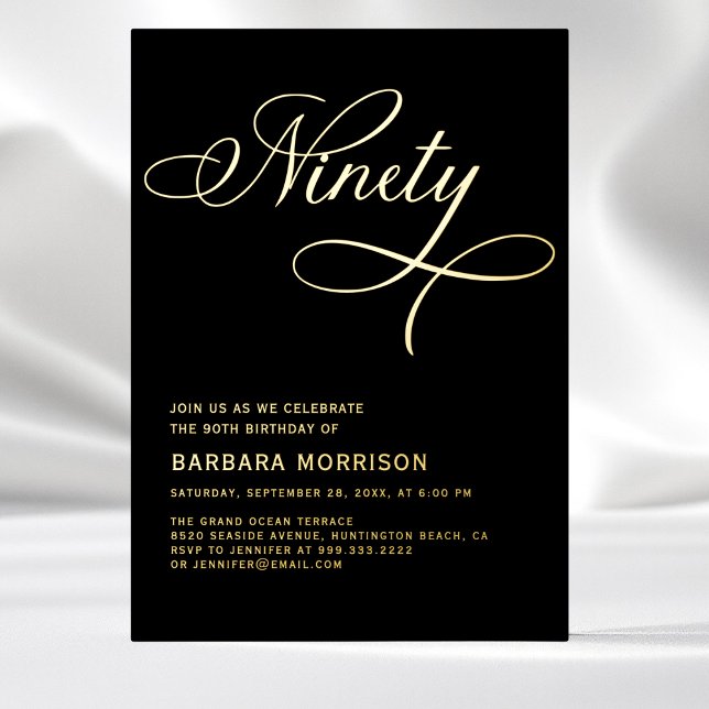 Invitación Con Relieve Metalizado Elegante guión Noventa Oro Negro 90 cumpleaños (Subido por el creador)