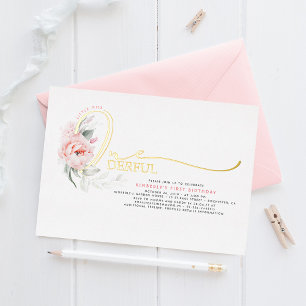 Invitación Con Relieve Metalizado Elegante guión rosa floral 1er cumpleaños de niñas