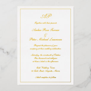 Invitación Con Relieve Metalizado Elegante guión simple monograma boda oro