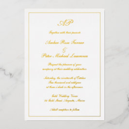 Invitación Con Relieve Metalizado Elegante guión simple Monograma formal Boda oro
