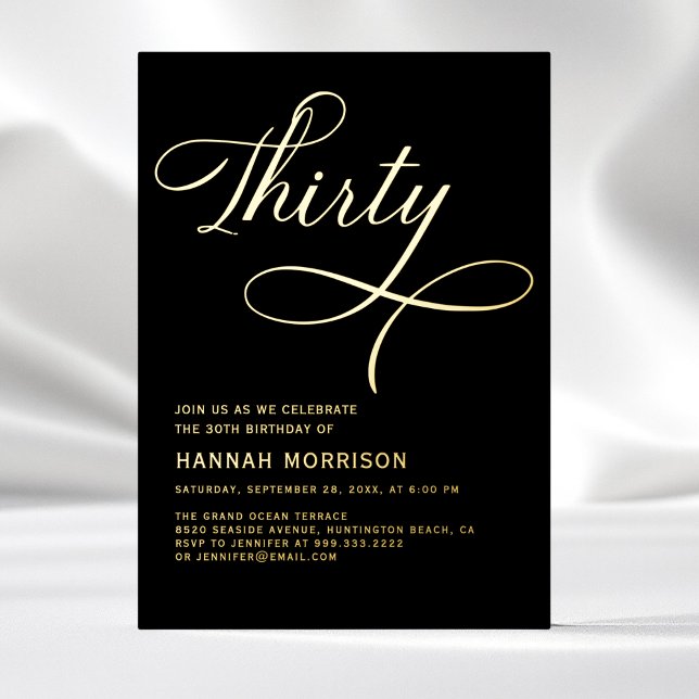 Invitación Con Relieve Metalizado Elegante guión Treinta Oro Negro 30 cumpleaños (Subido por el creador)