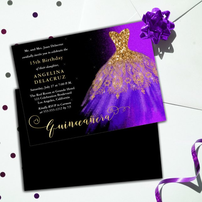 Invitación Con Relieve Metalizado Elegante Guisante Español Púrpura Quinceañera - Or (Subido por el creador)