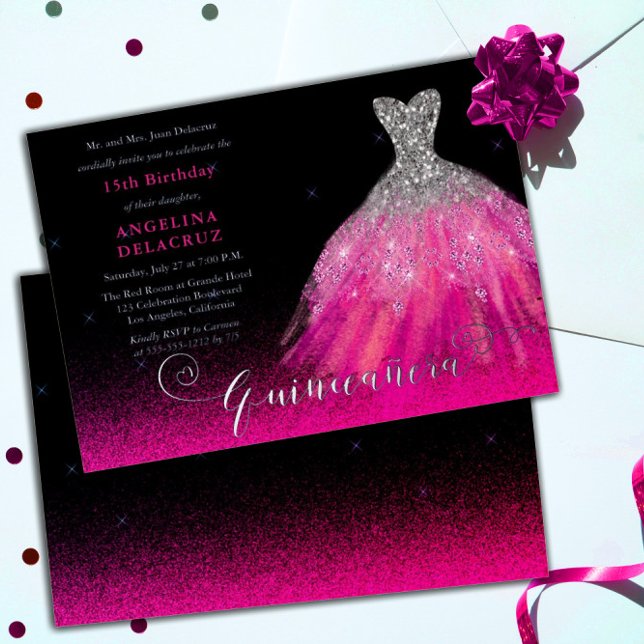 Invitación Con Relieve Metalizado Elegante Guisante Español Rosa Quinceañera - Plata (Subido por el creador)