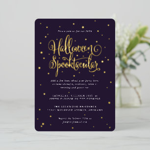 Invitación Con Relieve Metalizado Elegante Halloween Purple/Gold Spooktacular + Estr