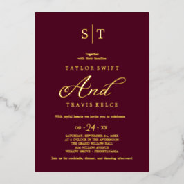 Invitación Con Relieve Metalizado Elegante Hoja de Oro | Boda de Monograma Borgoña