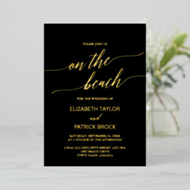 Invitación Con Relieve Metalizado Elegante Hoja de Oro | Negro en la Boda de Playa