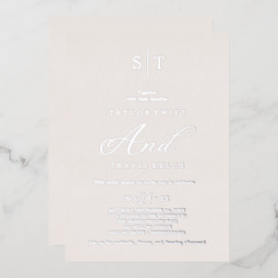 Invitación Con Relieve Metalizado   Elegante Hoja de Plata   Boda de Monograma Gris 