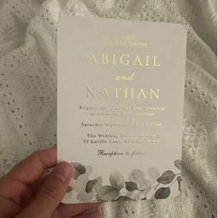 Invitación Con Relieve Metalizado Elegante Hoja Verde Moderna Boda Dorada