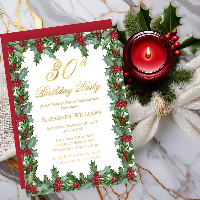 Invitación Con Relieve Metalizado Elegante Holly | Berries Frame 30.ª Fiesta de cump (Elegant Holly and Berries Frame 30th Birthday Party Real Gold Foil Invitations)