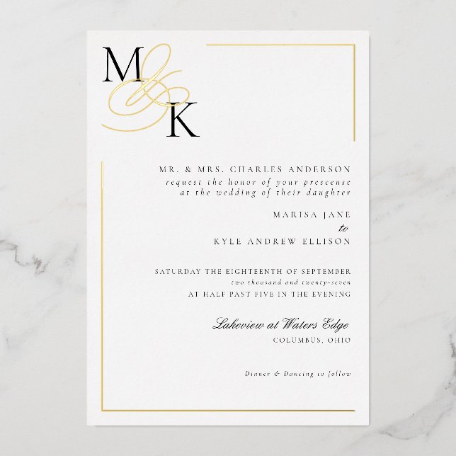 Invitación Con Relieve Metalizado Elegante Iniciales Relieve metalizado clásico Boda (Anverso)