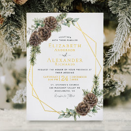Invitación Con Relieve Metalizado Elegante invierno Evergreen Boda Gold