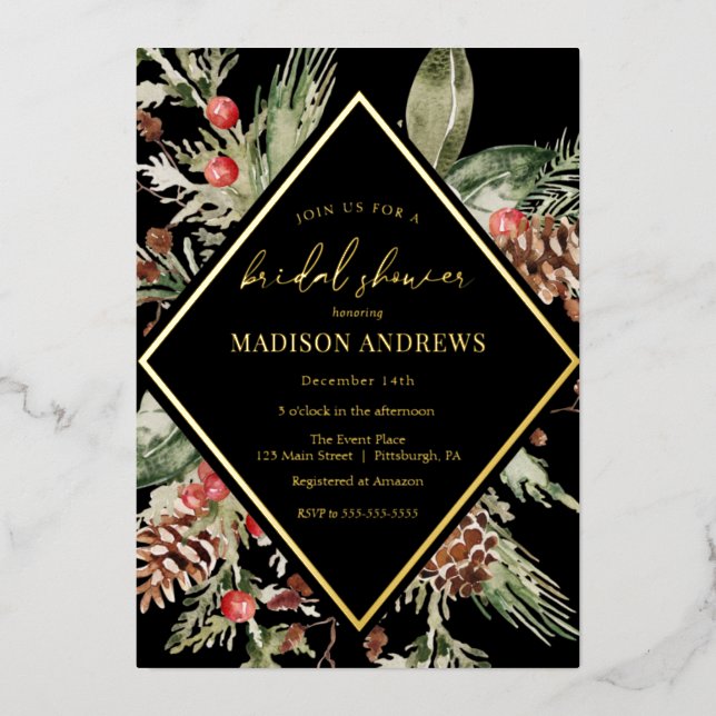 Invitación Con Relieve Metalizado Elegante invierno Evergreen Poinsettia Bridal Show (Anverso)