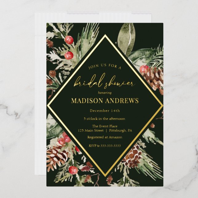 Invitación Con Relieve Metalizado Elegante invierno Evergreen Poinsettia Bridal Show (Sobre)