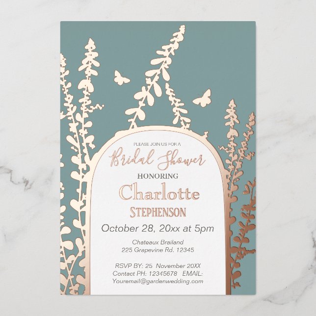 Invitación Con Relieve Metalizado Elegante jardín deja mariposas ducha de novia (Anverso)