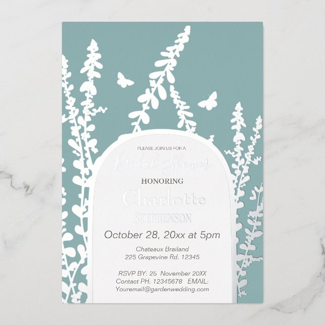 Invitación Con Relieve Metalizado Elegante jardín deja mariposas ducha de novia (Anverso)