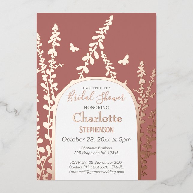 Invitación Con Relieve Metalizado Elegante jardín deja mariposas ducha de novia (Anverso)