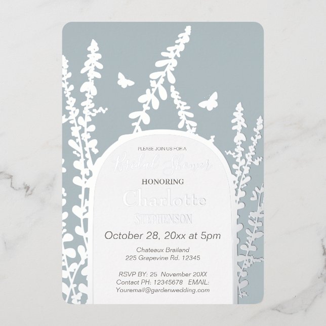Invitación Con Relieve Metalizado Elegante jardín deja mariposas ducha de novia (Anverso)