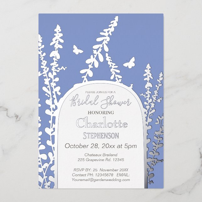 Invitación Con Relieve Metalizado Elegante jardín deja mariposas ducha de novia (Anverso)