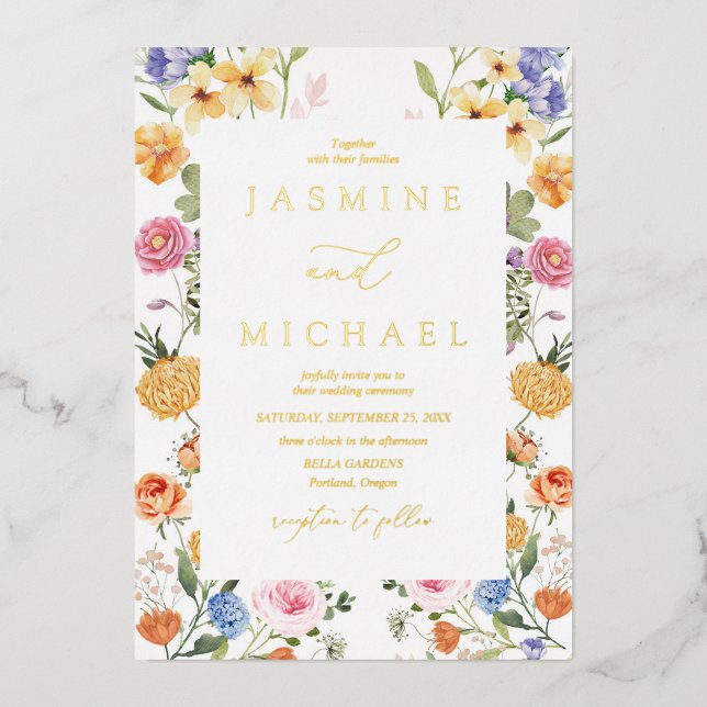 Invitación Con Relieve Metalizado Elegante Jardín Flores Flores de flores silvestres (Anverso)