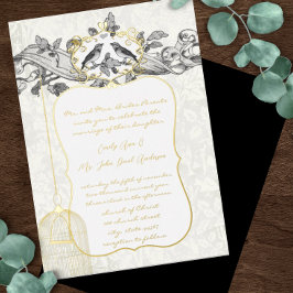 Invitación Con Relieve Metalizado Elegante Jaula de Pájaros de Boda en Oro Negro y G