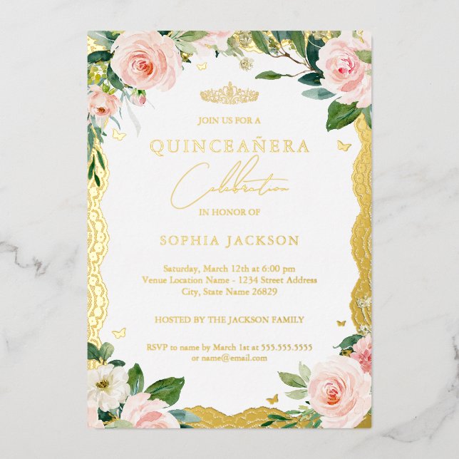 Invitación Con Relieve Metalizado Elegante Lace dorado Rubor Floral rosa Quinceanera (Anverso)