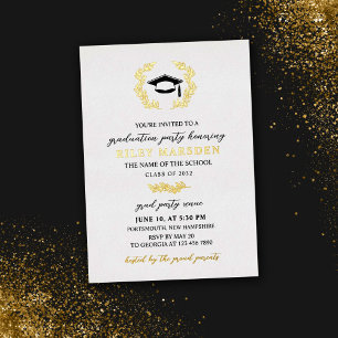 Invitación Con Relieve Metalizado Elegante Laurel Wreath Graduation Party Gold