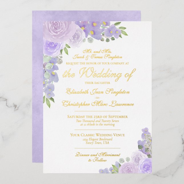 Invitación Con Relieve Metalizado Elegante Lavanda Purple Floral Boda formal (Anverso/Reverso)