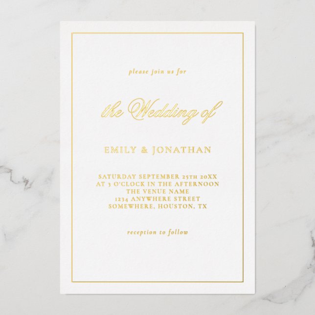 Invitación Con Relieve Metalizado Elegante Línea de caligrafía Boda de borde Real (Anverso)