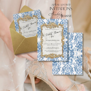 Invitación Con Relieve Metalizado Elegante lluvia de boda floral vintage azul oro