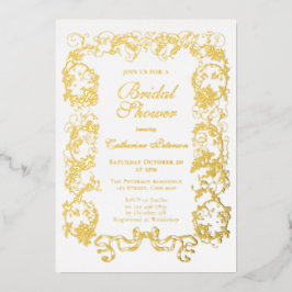 Invitación Con Relieve Metalizado Elegante Lluvia de Regalos Nupcial con Hojas de Or