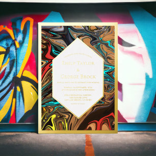 Invitación Con Relieve Metalizado Elegante Lujo Colorido Abstracto Art Boda Gold