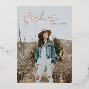 Invitación Con Relieve Metalizado Elegante Luxe Foto Graduada Rosa Dorado