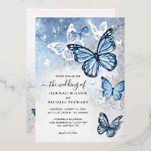 Invitación Con Relieve Metalizado Elegante Luz Azul Bebé Mariposa Boda Real
