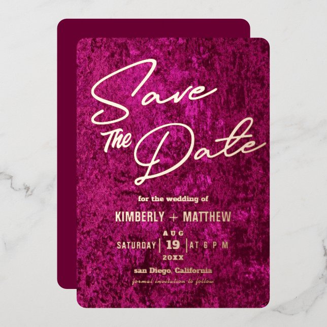 Invitación Con Relieve Metalizado elegante magenta rosa oro Save the date Boda  (Anverso/Reverso)