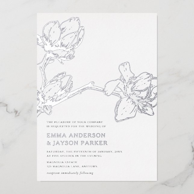 Invitación Con Relieve Metalizado Elegante Magnolia Graceful Boda Blanco + Plata (Anverso)
