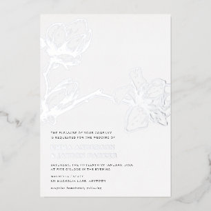 Invitación Con Relieve Metalizado Elegante Magnolia Grácil Boda Blanco + Plata