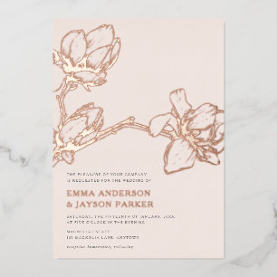Invitación Con Relieve Metalizado Elegante Magnolia Grácil Bodas Rosa Oro