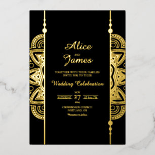 Invitación Con Relieve Metalizado Elegante Mandala Indio de Hoja de Oro Negro para B