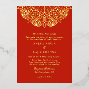Invitación Con Relieve Metalizado Elegante Mandala Rojo y Dorado Boda India
