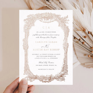 Invitación Con Relieve Metalizado Elegante Marco de Adorno Floral Vintage Boda Dorad