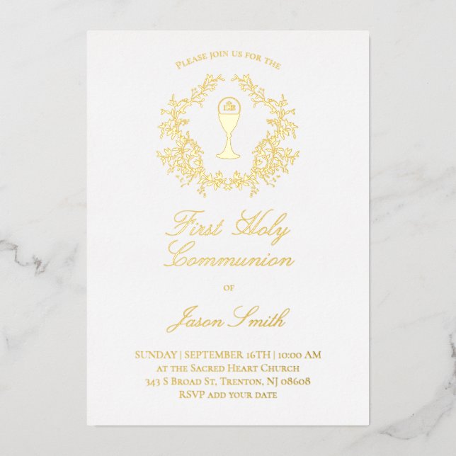 Invitación Con Relieve Metalizado elegante marco de vegetación Primera comunión (Anverso)