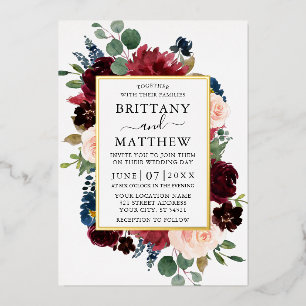 Invitación Con Relieve Metalizado Elegante Marco Floral Acuarela Boda Dorado